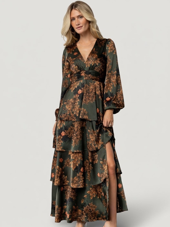 Baltic Born Dresses & Skirts - Baltic Born Montrouge Tiered Satin Dress | Olive Floral Size XLXL